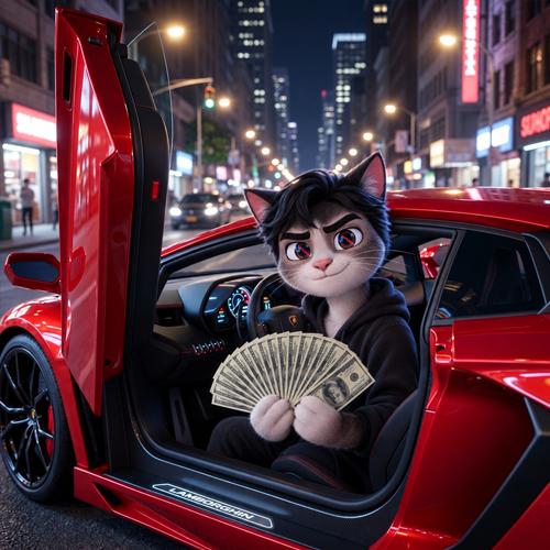 The Trader Cat in a red supercar holding a fan of cash on a night city street