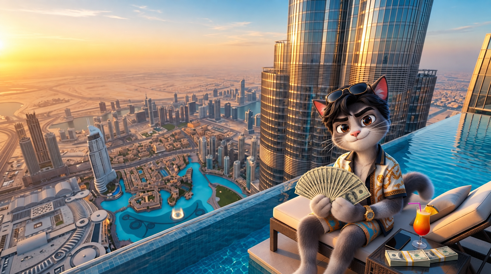 The Trader Cat on a rooftop infinity pool above a golden city skyline, holding cash beside a cocktail