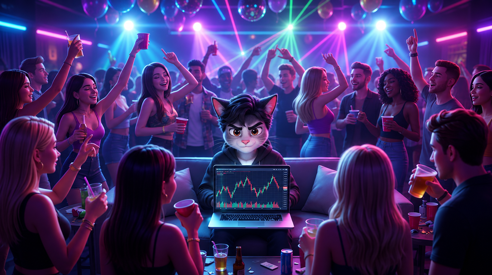 The Trader Cat in a neon club, trading on a laptop while the crowd celebrates