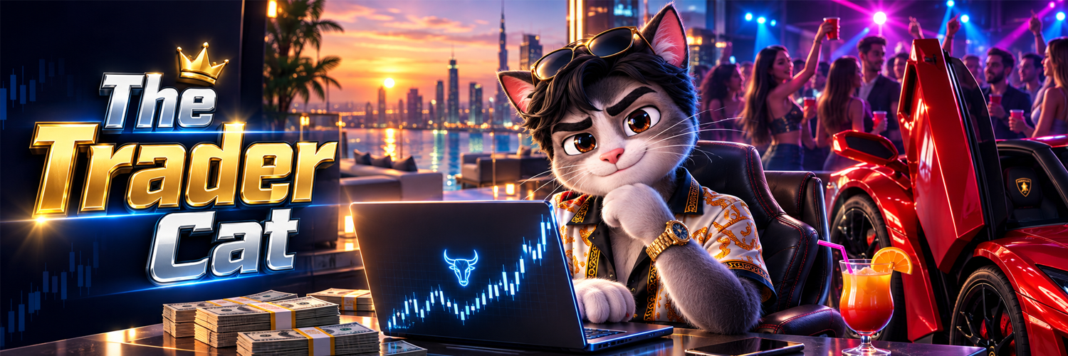 The Trader Cat banner — rooftop trading desk, sunset skyline, stacks of cash and a red supercar